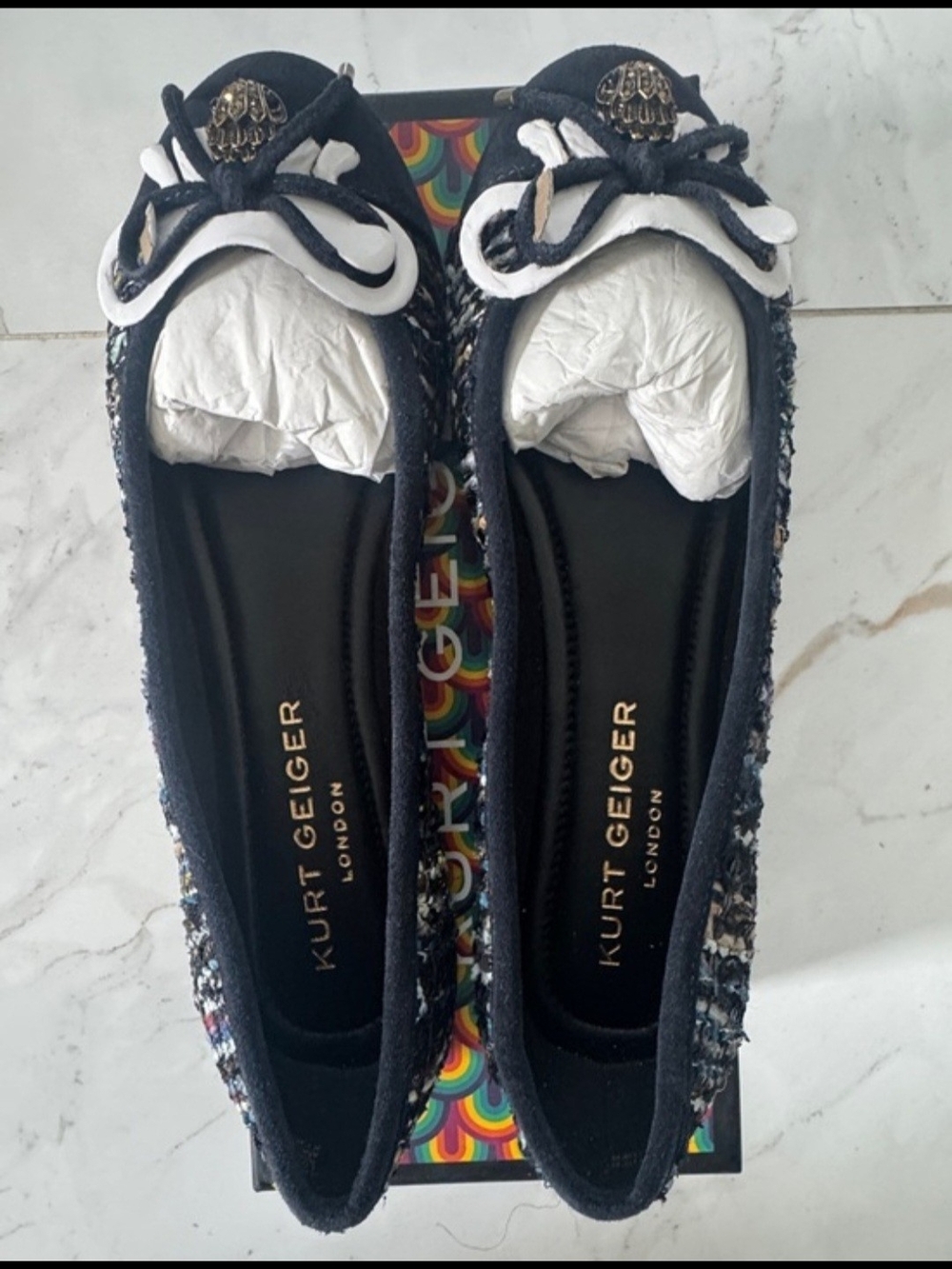 Kurt Geiger Black Tweed Ballet Flats with Bow Accent